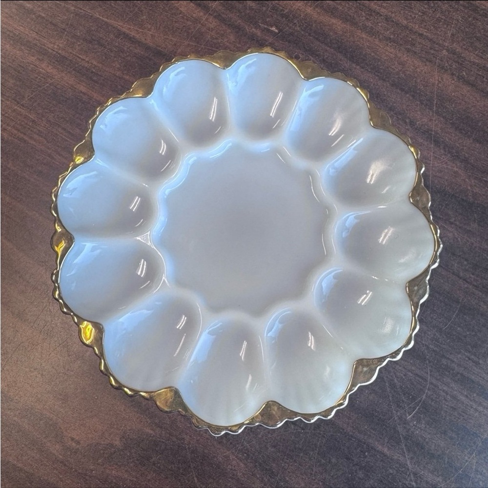 Elegant Vintage Anchor Hocking Gold Rimmed White Milk Glass Deviled Egg Platter